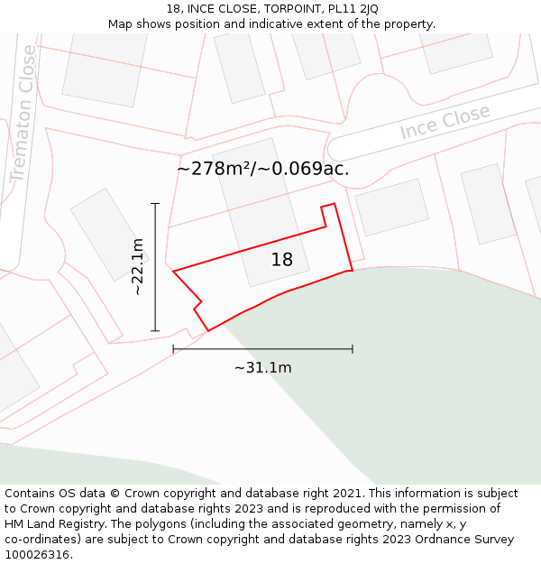 18, INCE CLOSE, TORPOINT, PL11 2JQ: Plot and title map