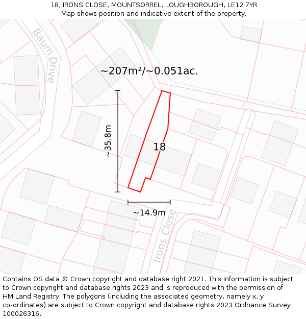 18, IRONS CLOSE, MOUNTSORREL, LOUGHBOROUGH, LE12 7YR: Plot and title map