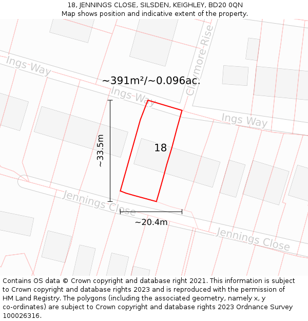18, JENNINGS CLOSE, SILSDEN, KEIGHLEY, BD20 0QN: Plot and title map