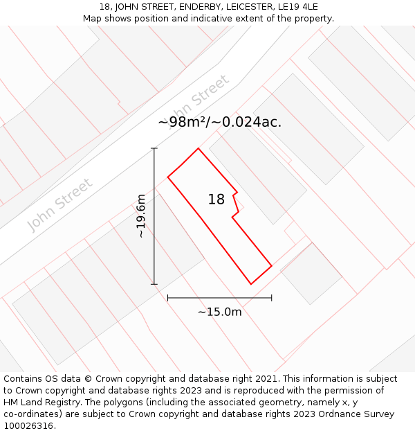 18, JOHN STREET, ENDERBY, LEICESTER, LE19 4LE: Plot and title map