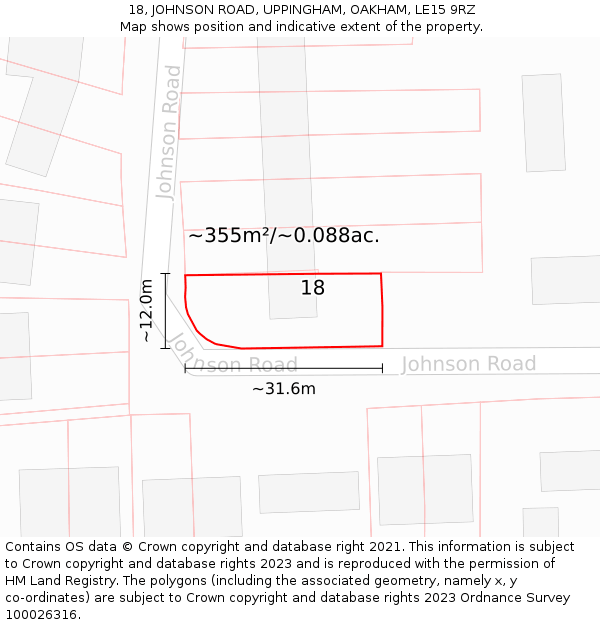 18, JOHNSON ROAD, UPPINGHAM, OAKHAM, LE15 9RZ: Plot and title map