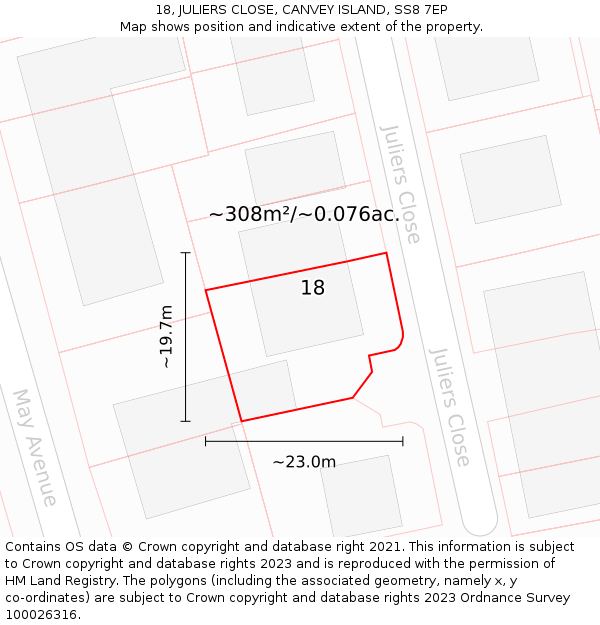 18, JULIERS CLOSE, CANVEY ISLAND, SS8 7EP: Plot and title map