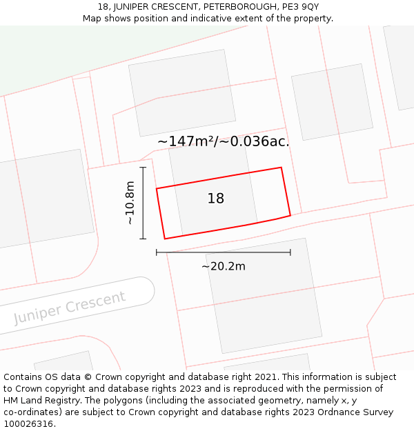 18, JUNIPER CRESCENT, PETERBOROUGH, PE3 9QY: Plot and title map