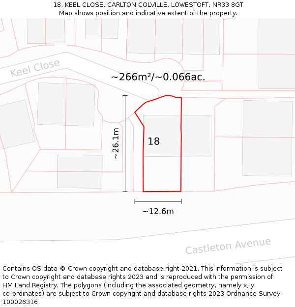 18, KEEL CLOSE, CARLTON COLVILLE, LOWESTOFT, NR33 8GT: Plot and title map