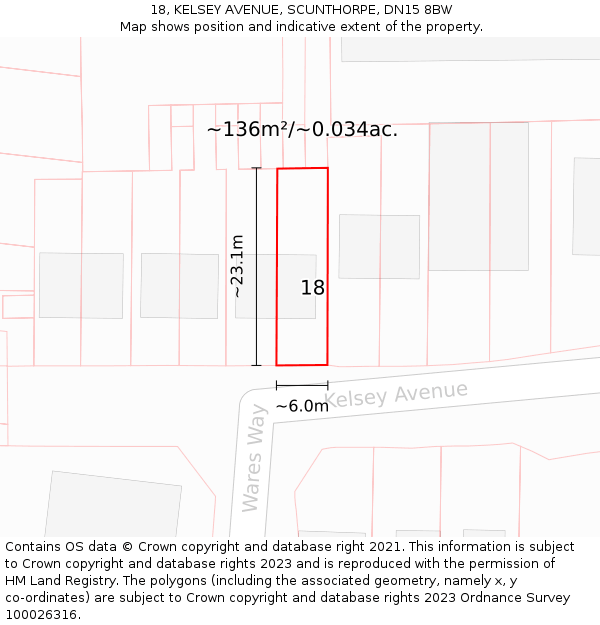 18, KELSEY AVENUE, SCUNTHORPE, DN15 8BW: Plot and title map