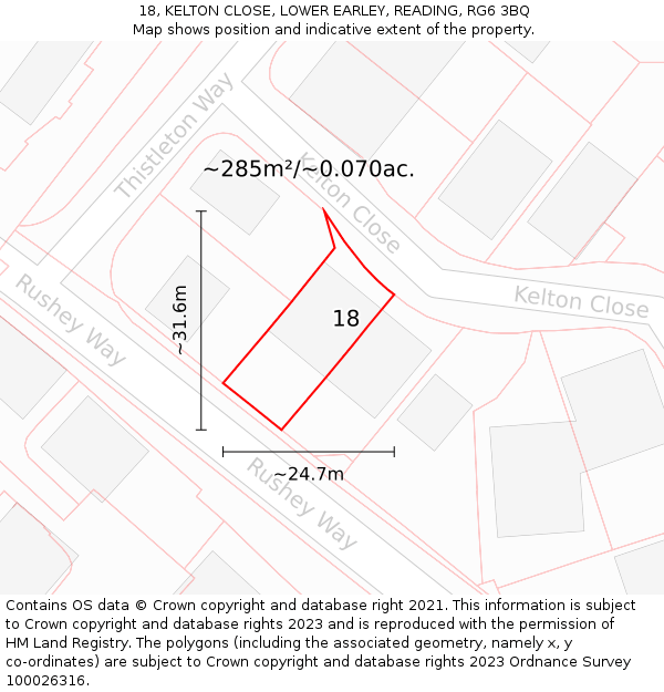 18, KELTON CLOSE, LOWER EARLEY, READING, RG6 3BQ: Plot and title map