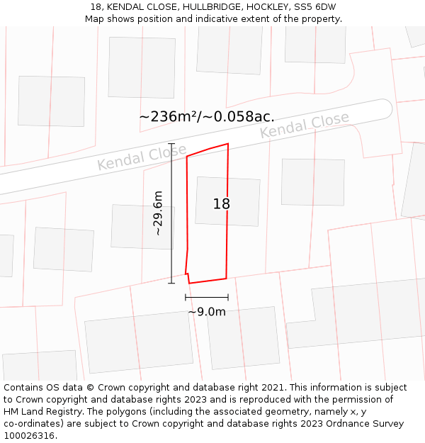 18, KENDAL CLOSE, HULLBRIDGE, HOCKLEY, SS5 6DW: Plot and title map