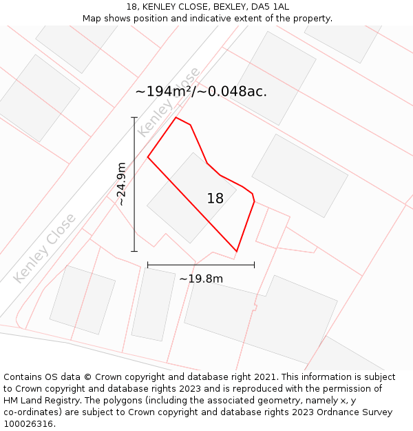 18, KENLEY CLOSE, BEXLEY, DA5 1AL: Plot and title map