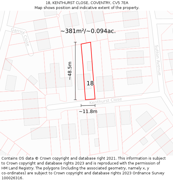 18, KENTHURST CLOSE, COVENTRY, CV5 7EA: Plot and title map