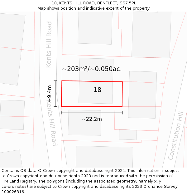 18, KENTS HILL ROAD, BENFLEET, SS7 5PL: Plot and title map