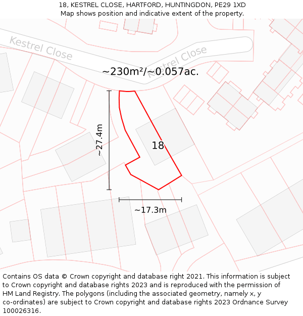 18, KESTREL CLOSE, HARTFORD, HUNTINGDON, PE29 1XD: Plot and title map
