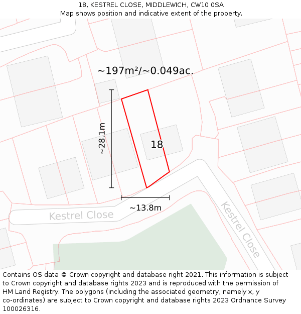 18, KESTREL CLOSE, MIDDLEWICH, CW10 0SA: Plot and title map