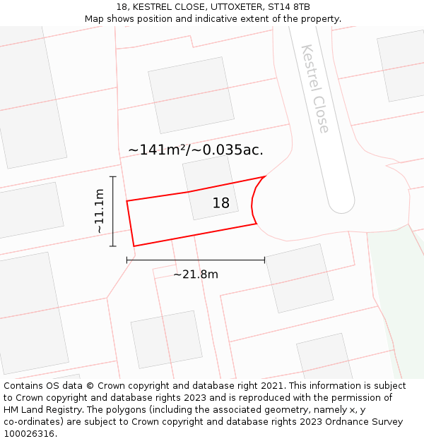18, KESTREL CLOSE, UTTOXETER, ST14 8TB: Plot and title map