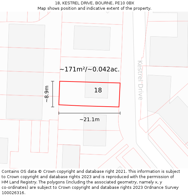18, KESTREL DRIVE, BOURNE, PE10 0BX: Plot and title map