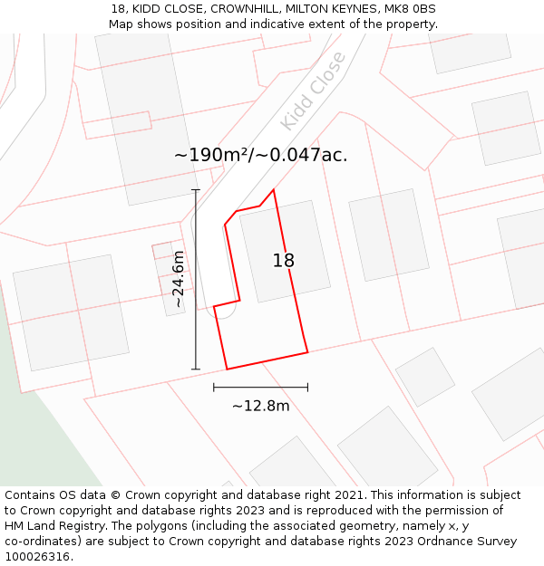18, KIDD CLOSE, CROWNHILL, MILTON KEYNES, MK8 0BS: Plot and title map