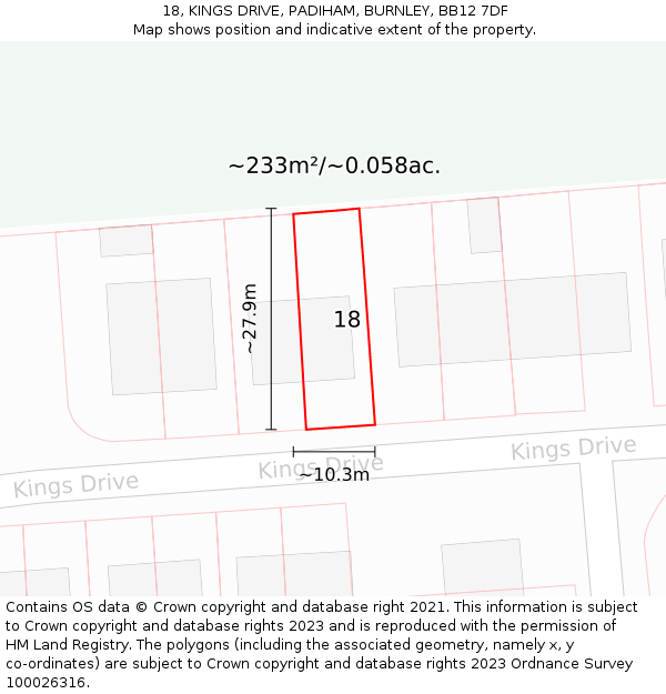 18, KINGS DRIVE, PADIHAM, BURNLEY, BB12 7DF: Plot and title map