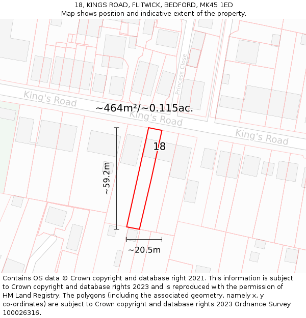 18, KINGS ROAD, FLITWICK, BEDFORD, MK45 1ED: Plot and title map