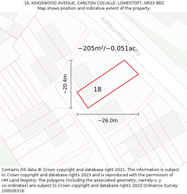 18, KINGSWOOD AVENUE, CARLTON COLVILLE, LOWESTOFT, NR33 8BZ: Plot and title map