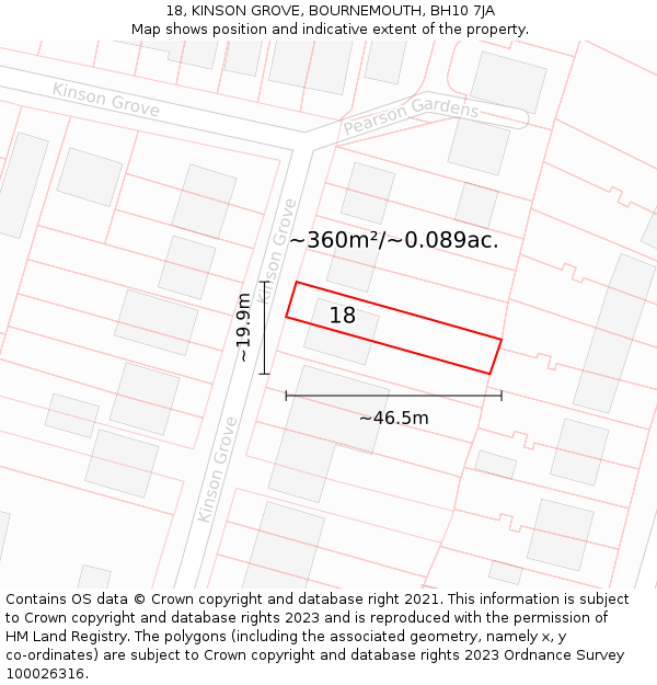 18, KINSON GROVE, BOURNEMOUTH, BH10 7JA: Plot and title map