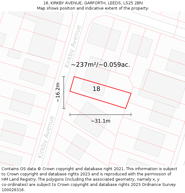 18, KIRKBY AVENUE, GARFORTH, LEEDS, LS25 2BN: Plot and title map
