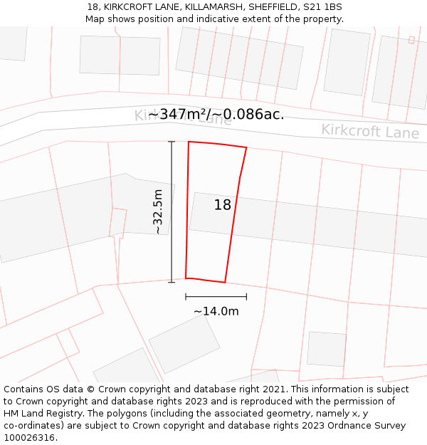 18, KIRKCROFT LANE, KILLAMARSH, SHEFFIELD, S21 1BS: Plot and title map