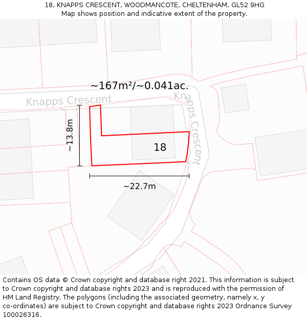 18, KNAPPS CRESCENT, WOODMANCOTE, CHELTENHAM, GL52 9HG: Plot and title map