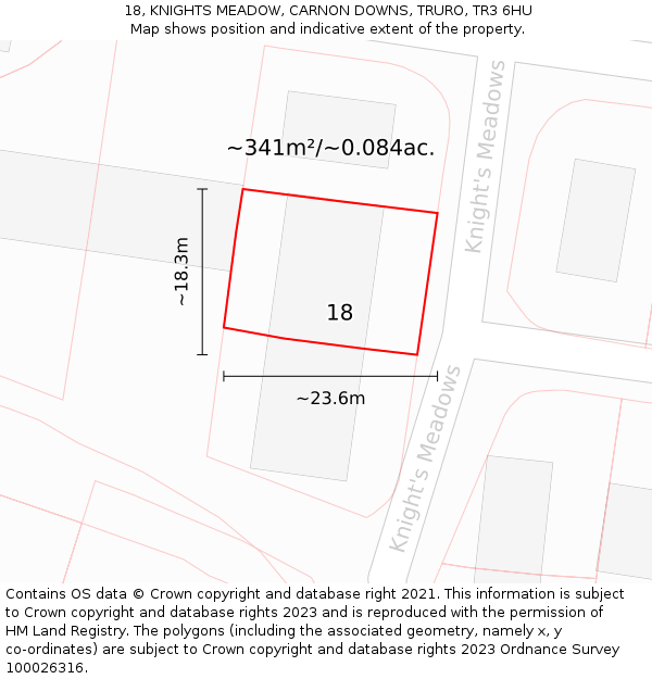 18, KNIGHTS MEADOW, CARNON DOWNS, TRURO, TR3 6HU: Plot and title map