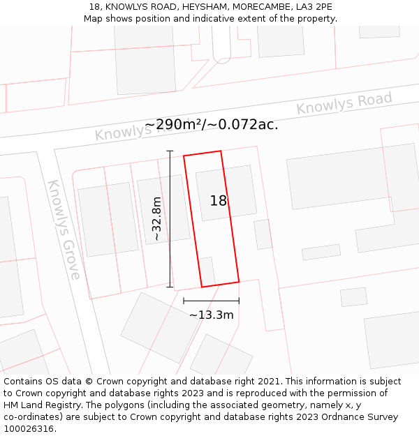 18, KNOWLYS ROAD, HEYSHAM, MORECAMBE, LA3 2PE: Plot and title map