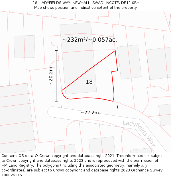 18, LADYFIELDS WAY, NEWHALL, SWADLINCOTE, DE11 0RH: Plot and title map