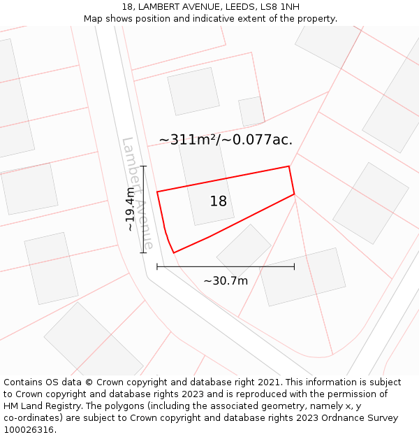 18, LAMBERT AVENUE, LEEDS, LS8 1NH: Plot and title map