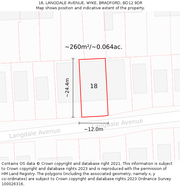 18, LANGDALE AVENUE, WYKE, BRADFORD, BD12 9DR: Plot and title map