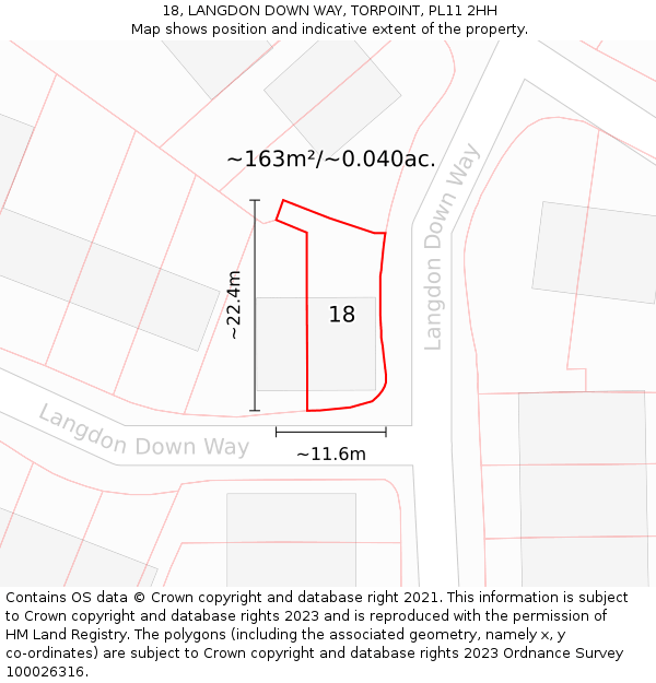 18, LANGDON DOWN WAY, TORPOINT, PL11 2HH: Plot and title map