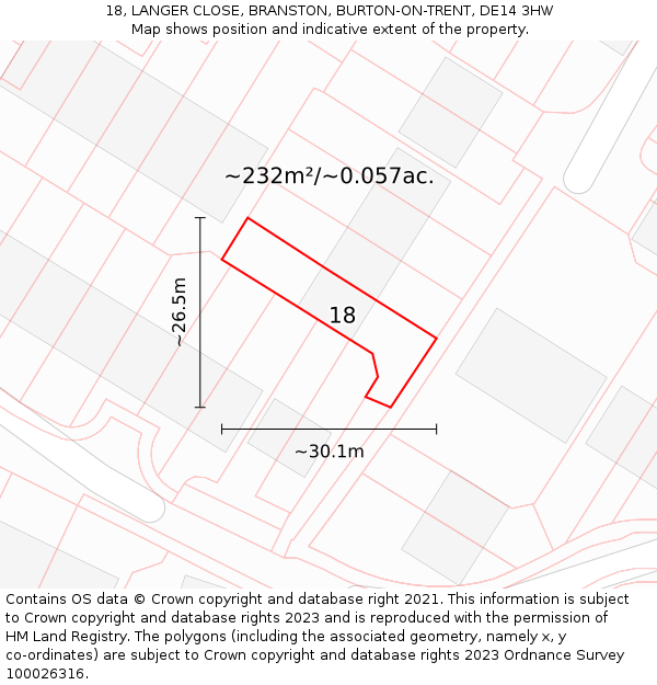 18, LANGER CLOSE, BRANSTON, BURTON-ON-TRENT, DE14 3HW: Plot and title map
