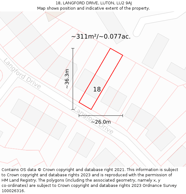 18, LANGFORD DRIVE, LUTON, LU2 9AJ: Plot and title map