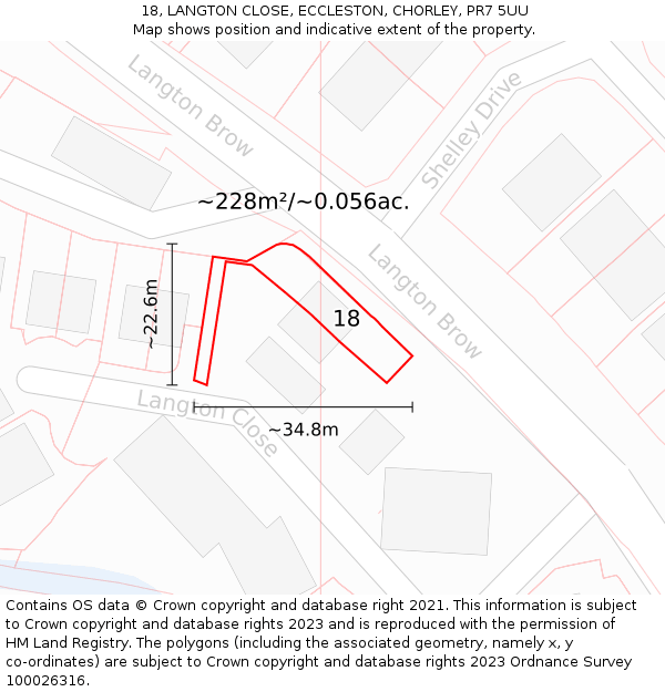 18, LANGTON CLOSE, ECCLESTON, CHORLEY, PR7 5UU: Plot and title map