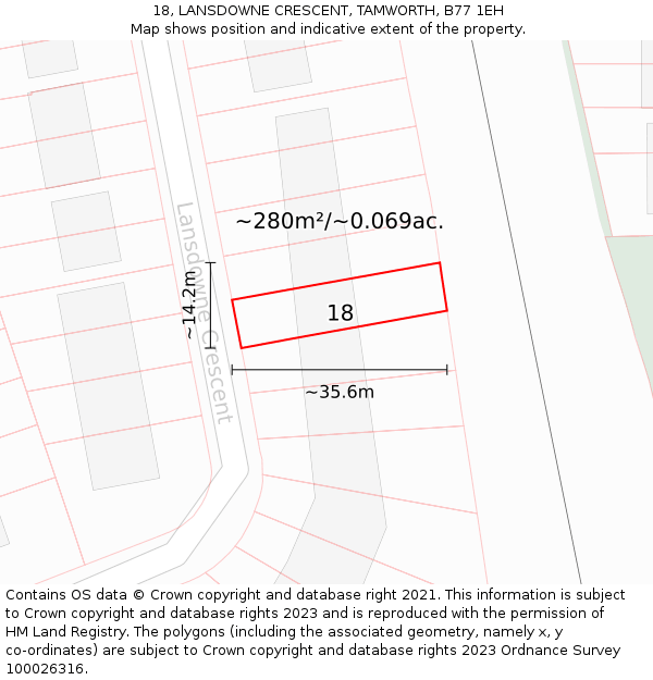 18, LANSDOWNE CRESCENT, TAMWORTH, B77 1EH: Plot and title map