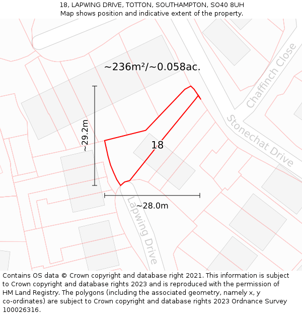 18, LAPWING DRIVE, TOTTON, SOUTHAMPTON, SO40 8UH: Plot and title map