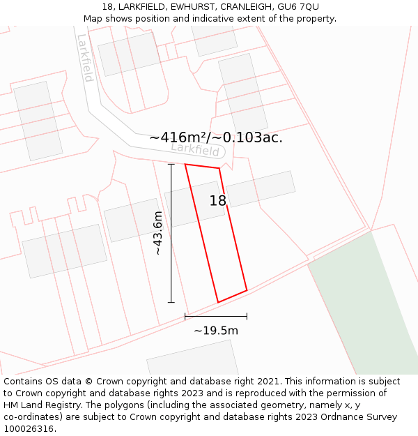 18, LARKFIELD, EWHURST, CRANLEIGH, GU6 7QU: Plot and title map