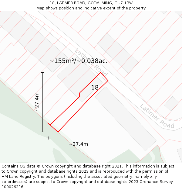 18, LATIMER ROAD, GODALMING, GU7 1BW: Plot and title map