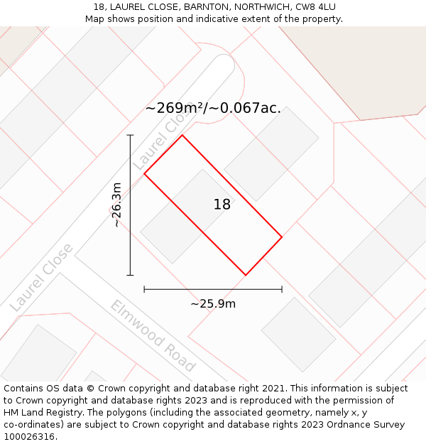 18, LAUREL CLOSE, BARNTON, NORTHWICH, CW8 4LU: Plot and title map