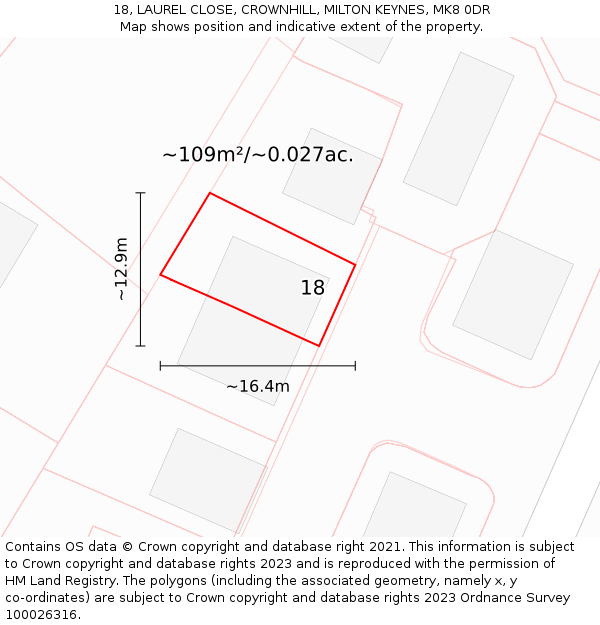 18, LAUREL CLOSE, CROWNHILL, MILTON KEYNES, MK8 0DR: Plot and title map