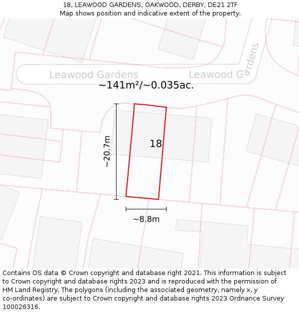 18, LEAWOOD GARDENS, OAKWOOD, DERBY, DE21 2TF: Plot and title map