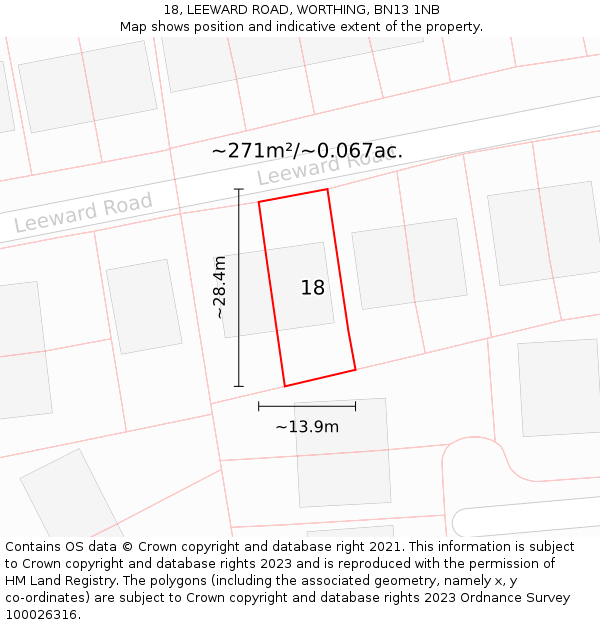 18, LEEWARD ROAD, WORTHING, BN13 1NB: Plot and title map