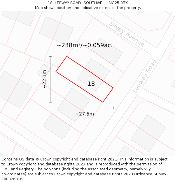 18, LEEWAY ROAD, SOUTHWELL, NG25 0BX: Plot and title map