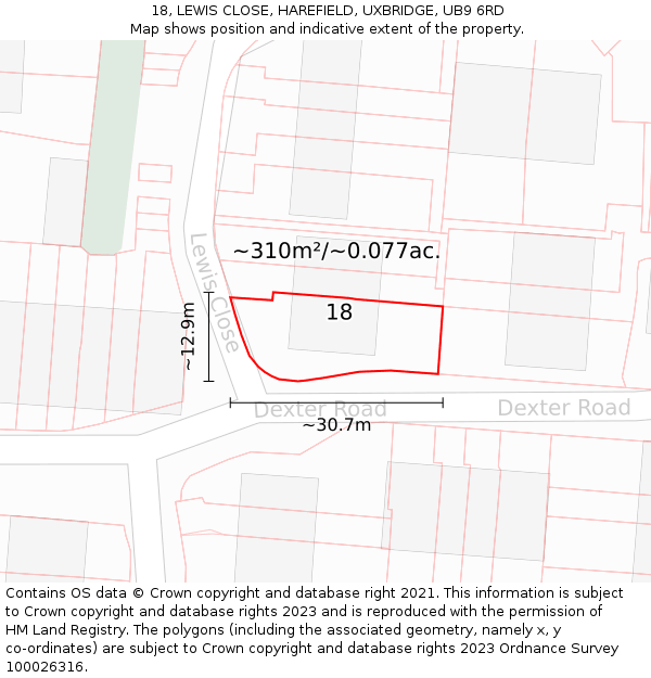 18, LEWIS CLOSE, HAREFIELD, UXBRIDGE, UB9 6RD: Plot and title map