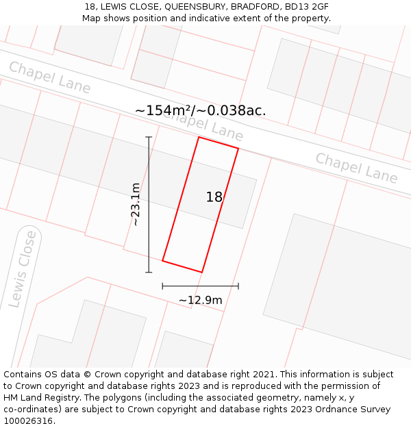 18, LEWIS CLOSE, QUEENSBURY, BRADFORD, BD13 2GF: Plot and title map