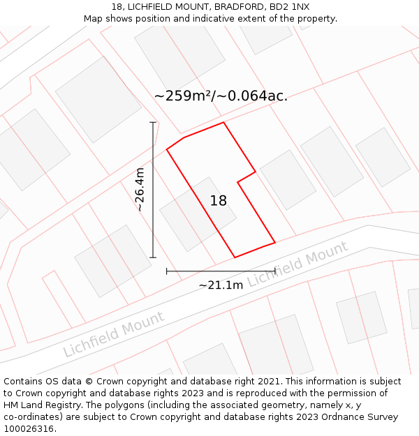 18, LICHFIELD MOUNT, BRADFORD, BD2 1NX: Plot and title map