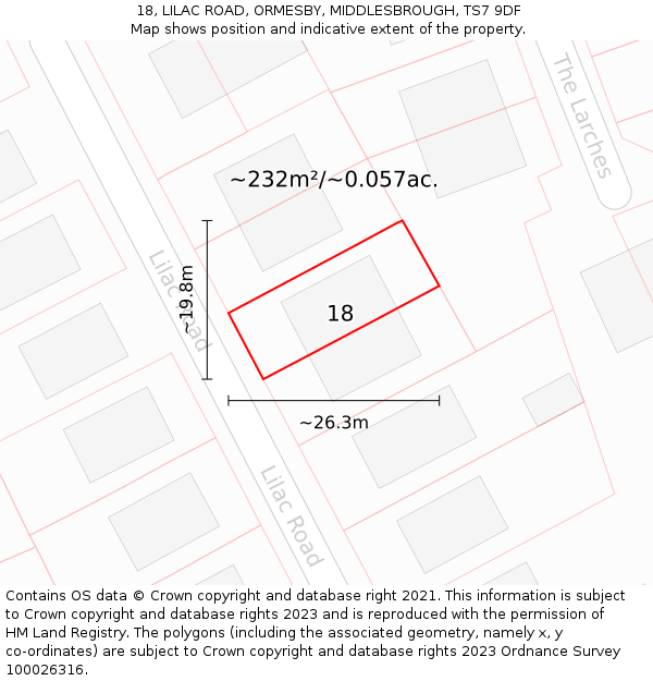 18, LILAC ROAD, ORMESBY, MIDDLESBROUGH, TS7 9DF: Plot and title map