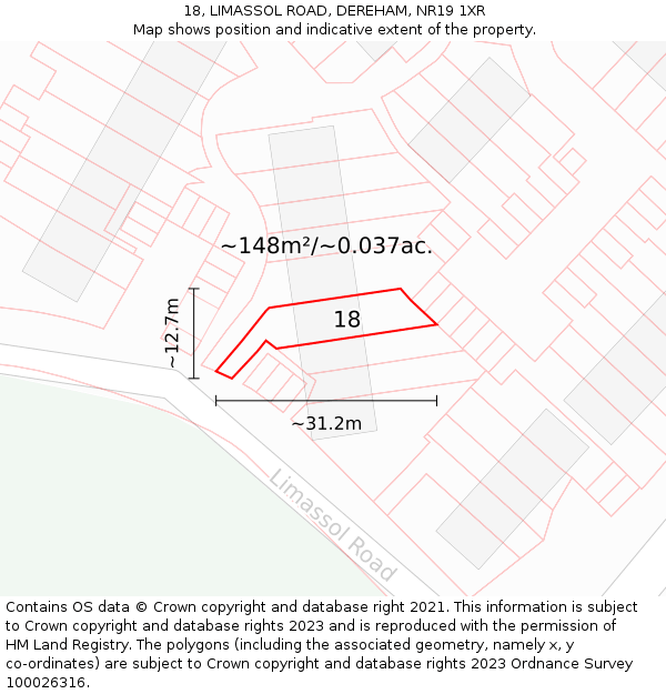 18, LIMASSOL ROAD, DEREHAM, NR19 1XR: Plot and title map