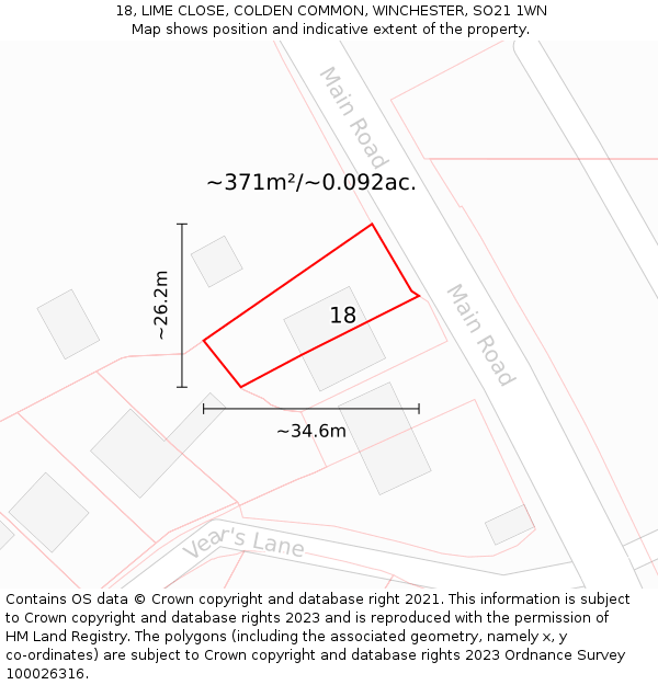 18, LIME CLOSE, COLDEN COMMON, WINCHESTER, SO21 1WN: Plot and title map